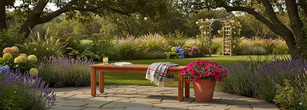 The same bench in a garden, with cushions and a pot of flowers