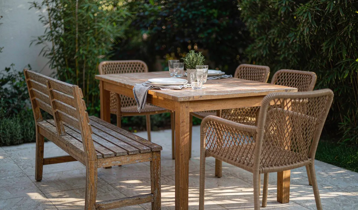 A wooden bench tucked under an outdoor dining table on a garden patio