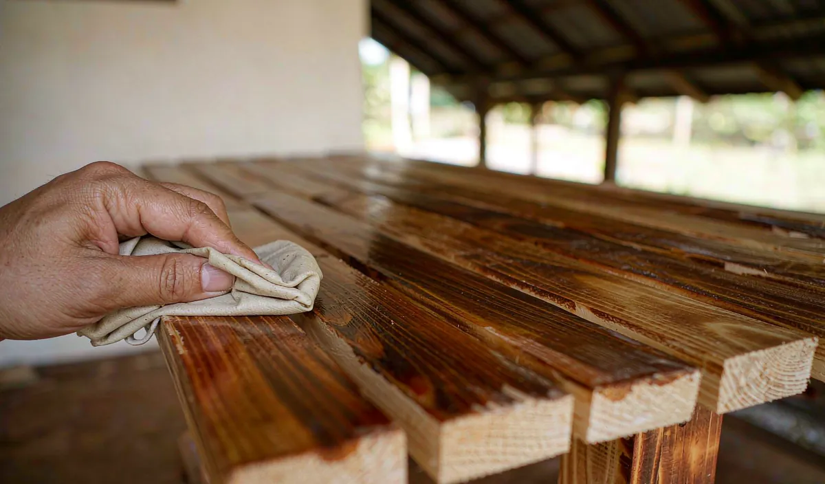 A rag wiping oil across a finished slat seat, with a warm sheen on the wood