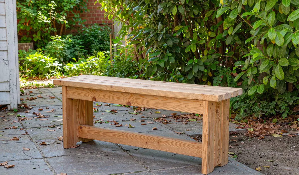 A simple DIY small wooden bench with two end legs and a brace