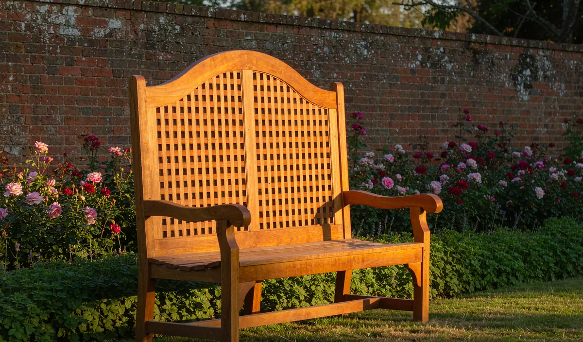 A Lutyens style wooden bench with a pierced back in a home garden