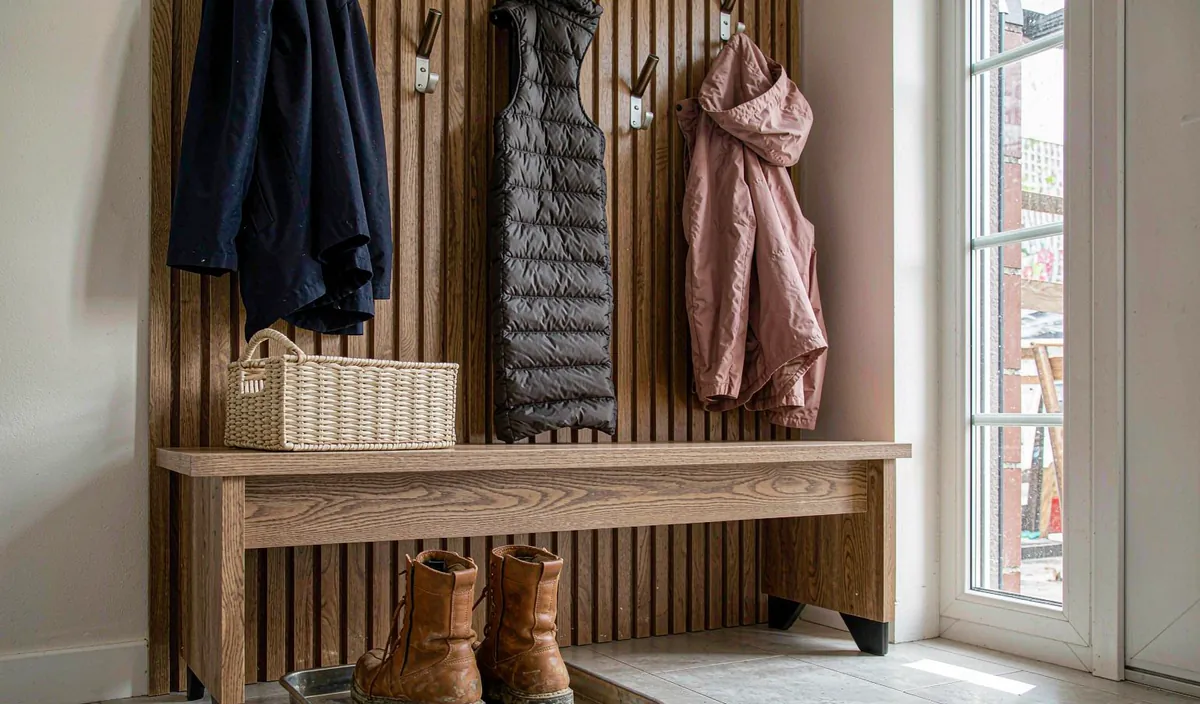 A small wooden bench at an entryway with boots and coats around it
