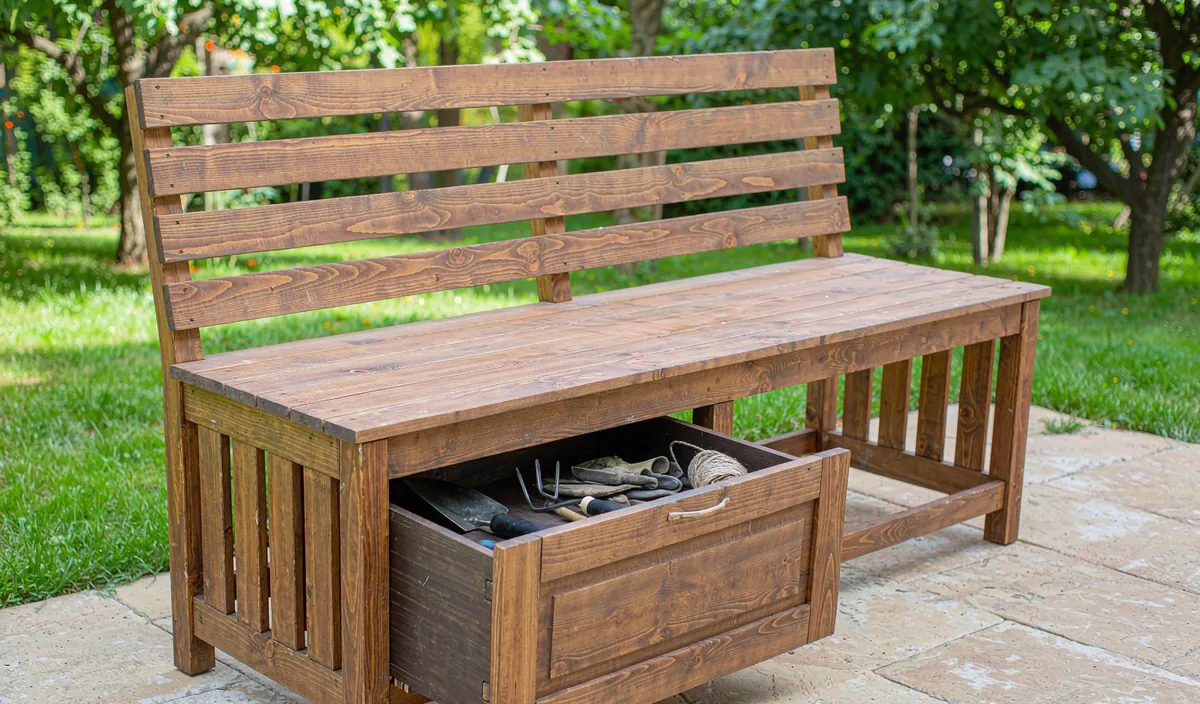 A front drawer pulling out from under the seat of a wooden patio storage bench