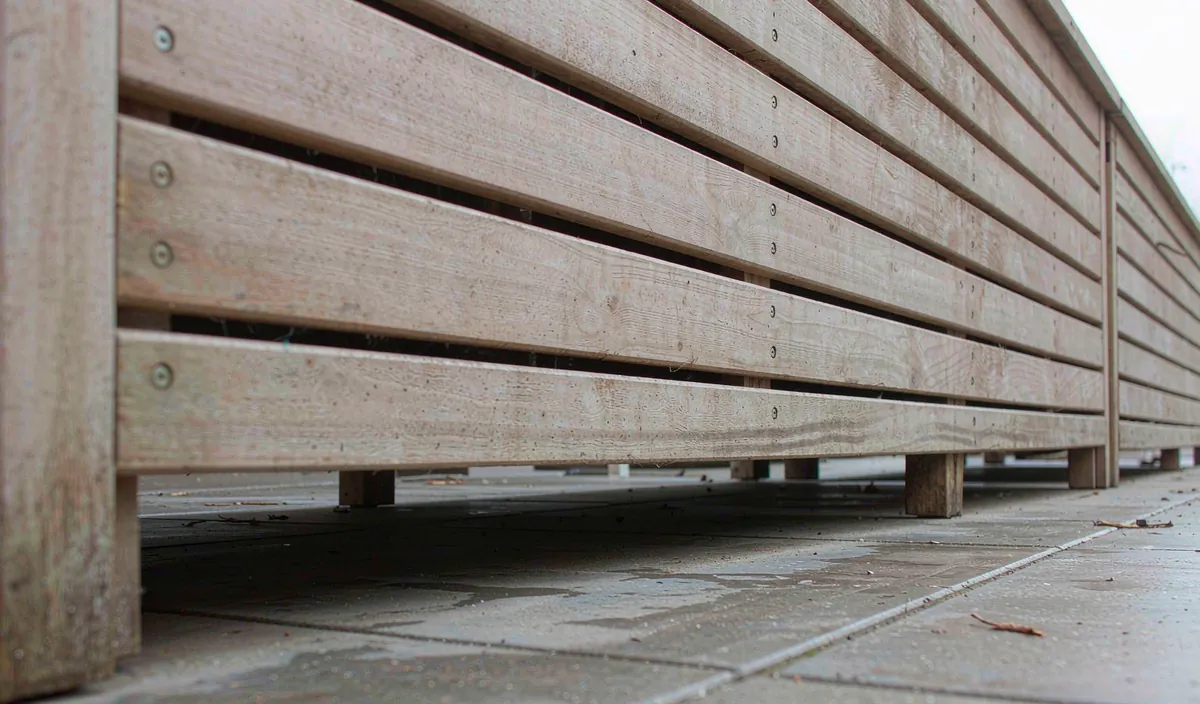 Slatted boards with gaps for airflow and short feet lifting a wooden storage bench clear of the paving